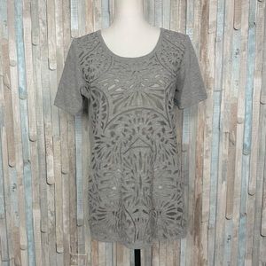 Sundance Catalog M Gray Laser Cut Lace Short Sleeve Tee T Shirt Top Boho